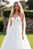 Strapless Ivory A Line Pleated Long Wedding Dress