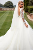 A Line Ivory Appliqued Wedding Dress with Long Sleeves