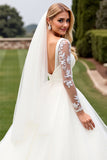 A Line Ivory Appliqued Wedding Dress with Long Sleeves