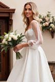Delicate Ivory Lace A Line Illusion Long Sleeves Wedding Dress