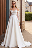Off the Shoulder Satin Ivory Lace Wedding Dress with Long Sleeves