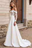 Off the Shoulder Satin Ivory Lace Wedding Dress with Long Sleeves