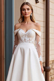 Off the Shoulder Satin Ivory Lace Wedding Dress with Long Sleeves