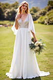 Ivory Deep V Neck Lace Wedding Dress with Flutter Sleeves