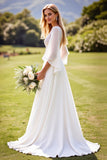 Ivory Deep V Neck Lace Wedding Dress with Flutter Sleeves
