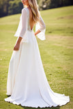 Ivory Deep V Neck Lace Wedding Dress with Flutter Sleeves