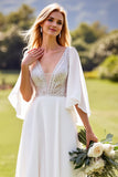 Ivory Deep V Neck Lace Wedding Dress with Flutter Sleeves