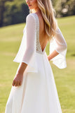 Ivory Deep V Neck Lace Wedding Dress with Flutter Sleeves