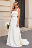 Simple Ivory Square Neck A Line Beaded Long Wedding Dress