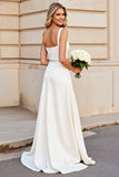 Simple Ivory Square Neck A Line Beaded Long Wedding Dress