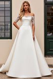 Ivory Lace Satin Off the Shoulder Wedding Dress with Half Sleeves