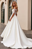 Ivory Lace Satin Off the Shoulder Wedding Dress with Half Sleeves