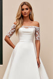 Ivory Lace Satin Off the Shoulder Wedding Dress with Half Sleeves