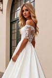 Ivory Lace Satin Off the Shoulder Wedding Dress with Half Sleeves