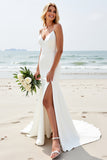 Simple Ivory Mermaid Satin Wedding Dress with Slit