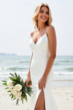 Simple Ivory Mermaid Satin Wedding Dress with Slit