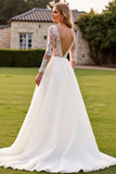 Ivory V Neck Lace Appliques A Line Wedding Dress with Long Sleeves