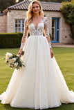 Ivory V Neck Lace Appliques A Line Wedding Dress with Long Sleeves