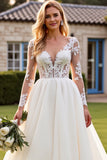 Ivory V Neck Lace Appliques A Line Wedding Dress with Long Sleeves