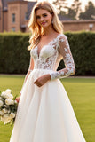Ivory V Neck Lace Appliques A Line Wedding Dress with Long Sleeves