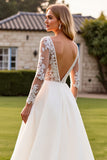 Ivory V Neck Lace Appliques A Line Wedding Dress with Long Sleeves