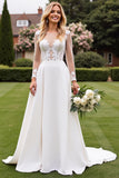 Cut Out Ivory Lace A Line Wedding Dress with Long Sleeves