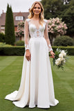 Cut Out Ivory Lace A Line Wedding Dress with Long Sleeves