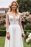 Cut Out Ivory Lace A Line Wedding Dress with Long Sleeves