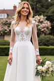 Cut Out Ivory Lace A Line Wedding Dress with Long Sleeves