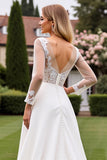Cut Out Ivory Lace A Line Wedding Dress with Long Sleeves