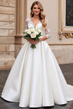 Ivory V Neck A Line Lace Wedding Dress with Long Sleeves