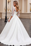Ivory V Neck A Line Lace Wedding Dress with Long Sleeves