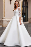 Ivory V Neck A Line Lace Wedding Dress with Long Sleeves
