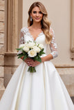 Ivory V Neck A Line Lace Wedding Dress with Long Sleeves
