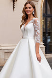 Ivory V Neck A Line Lace Wedding Dress with Long Sleeves