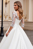 Ivory V Neck A Line Lace Wedding Dress with Long Sleeves