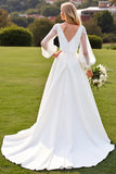Ivory V Neck A Line Wedding Dress with Long Sleeves