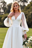 Ivory V Neck A Line Wedding Dress with Long Sleeves