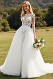 Lace A Line Ivory Appliqued Wedding Dress with Long Sleeves