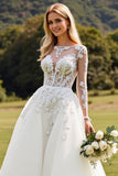 Lace A Line Ivory Appliqued Wedding Dress with Long Sleeves
