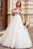 Off The Shoulder A Line Appliques Ivory Tulle Wedding Dress