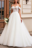 Off The Shoulder A Line Appliques Ivory Tulle Wedding Dress