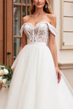 Off The Shoulder A Line Appliques Ivory Tulle Wedding Dress