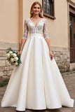 Lace Appliqued A Line Ivory Half Sleeves Wedding Dress