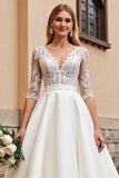Lace Appliqued A Line Ivory Half Sleeves Wedding Dress