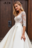 Lace Appliqued A Line Ivory Half Sleeves Wedding Dress