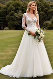 A Line Ivory Lace Appliqued Pleated Wedding Dress with Long Sleeves