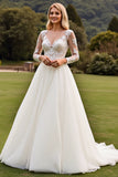 A Line Ivory Lace Appliqued Pleated Wedding Dress with Long Sleeves