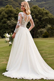 A Line Ivory Lace Appliqued Pleated Wedding Dress with Long Sleeves