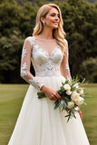 A Line Ivory Lace Appliqued Pleated Wedding Dress with Long Sleeves